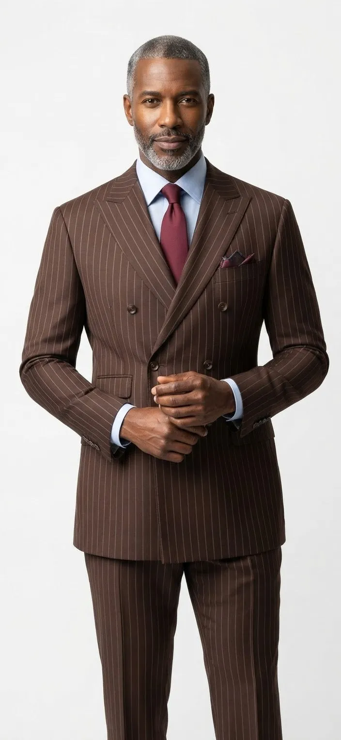 Brown pinstripe double-breasted suit from the product collection